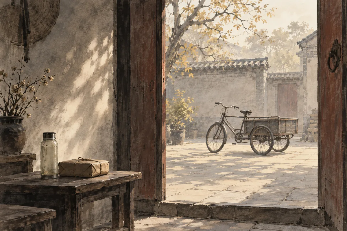 《老王》人物关系主题的象征性门廊与三轮车插画