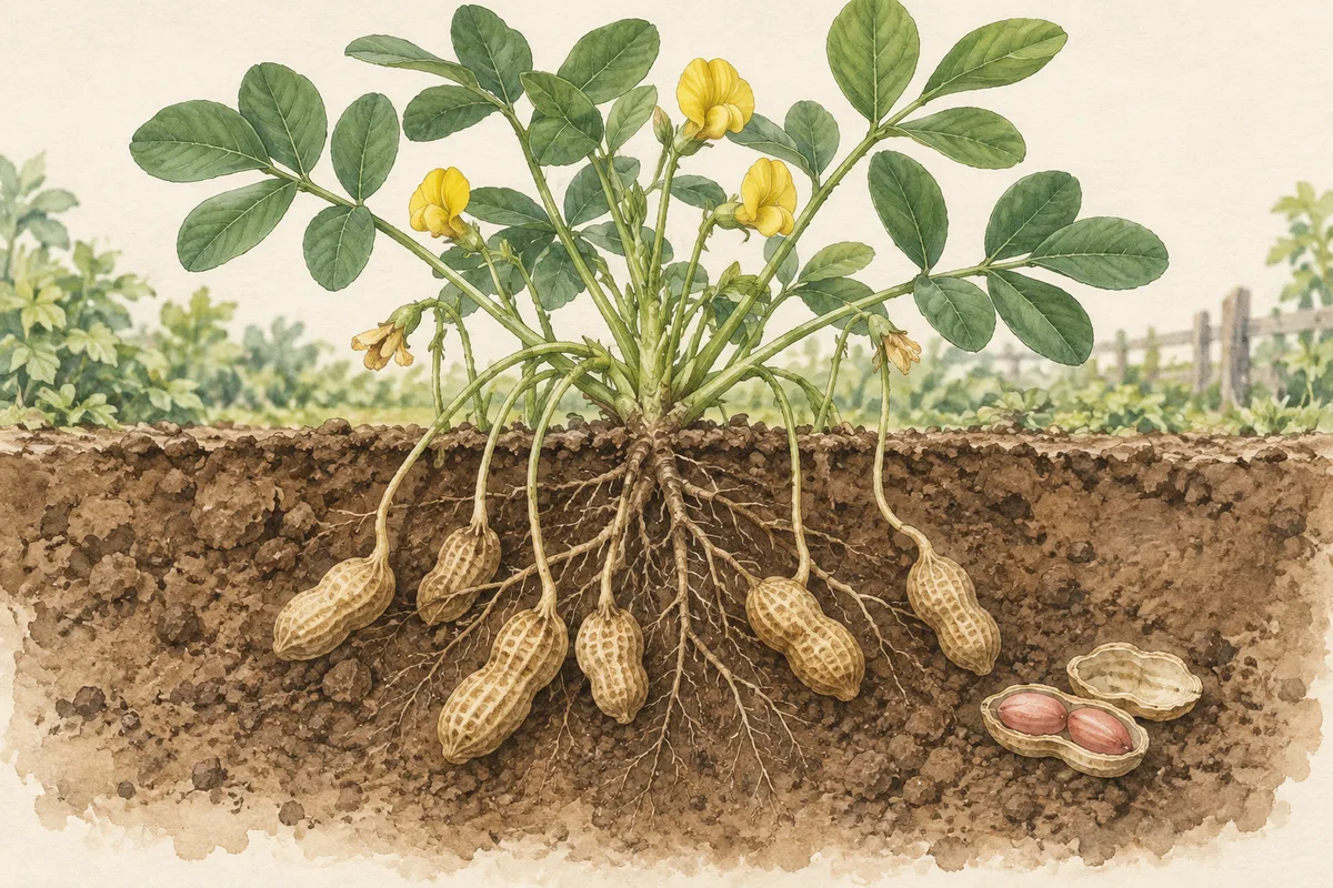 花生地上开花、果针入土与地下荚果的水彩示意插画