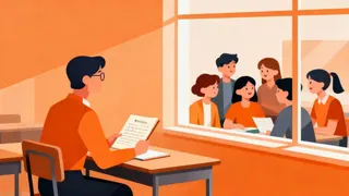 教师与学生群体的隔窗互动，象征职业倦怠中的沟通断裂与情感连接尝试