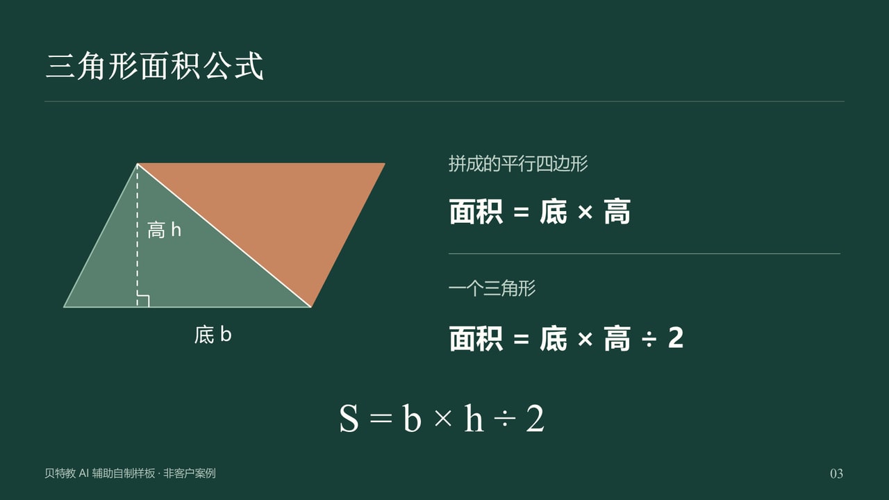 课件样板内页：深绿底色、可编辑底高图形与面积公式推导